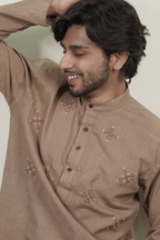 Men’s Earthy Brown Embroidered Linen Short Kurta Shirt