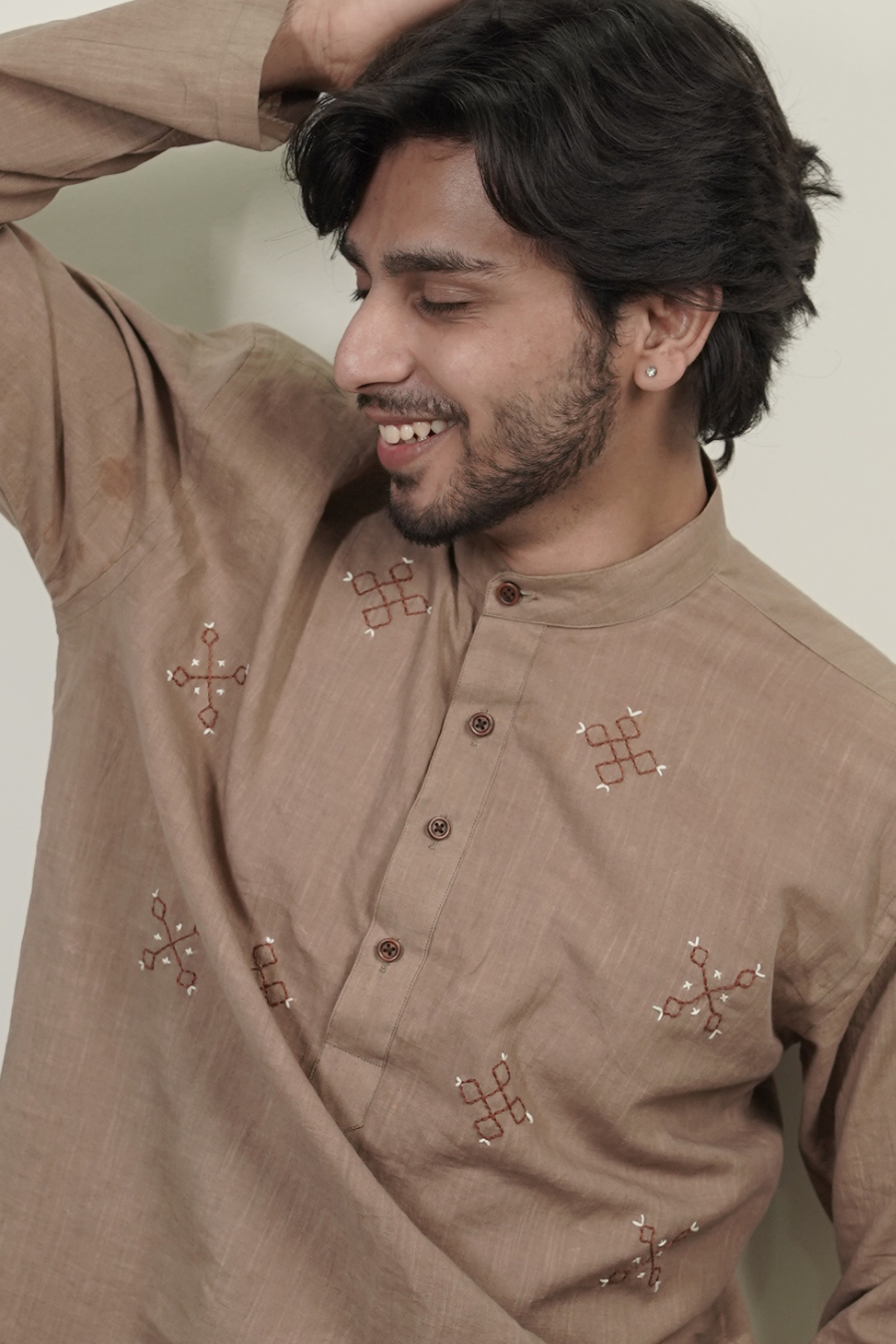 Men’s Earthy Brown Embroidered Linen Short Kurta Shirt
