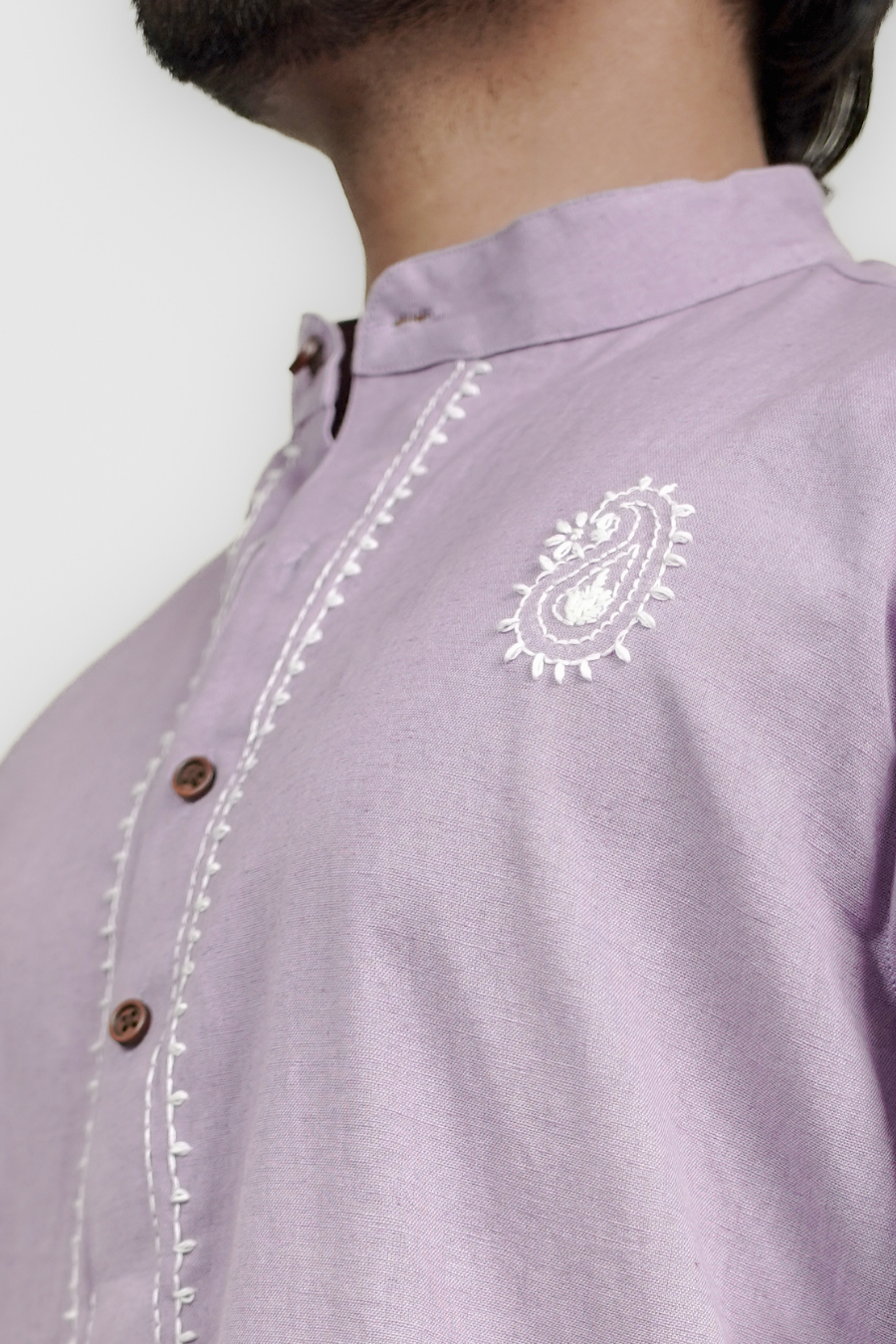 Men’s Lavender Paisley Embroidered Linen Short Kurta Shirt