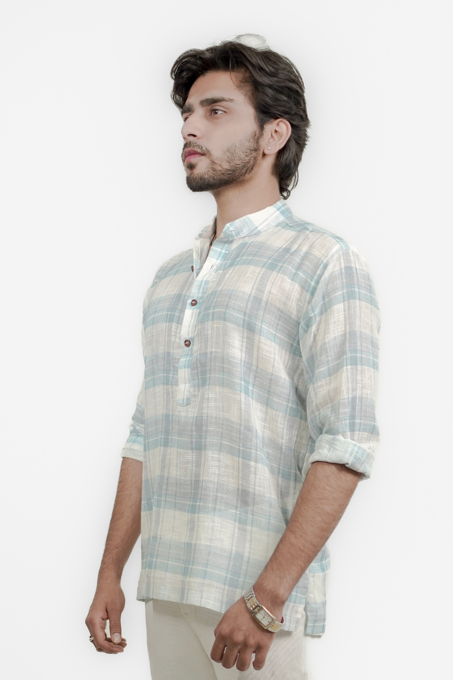 Light Blue Checked Linen Short Kurta Shirt