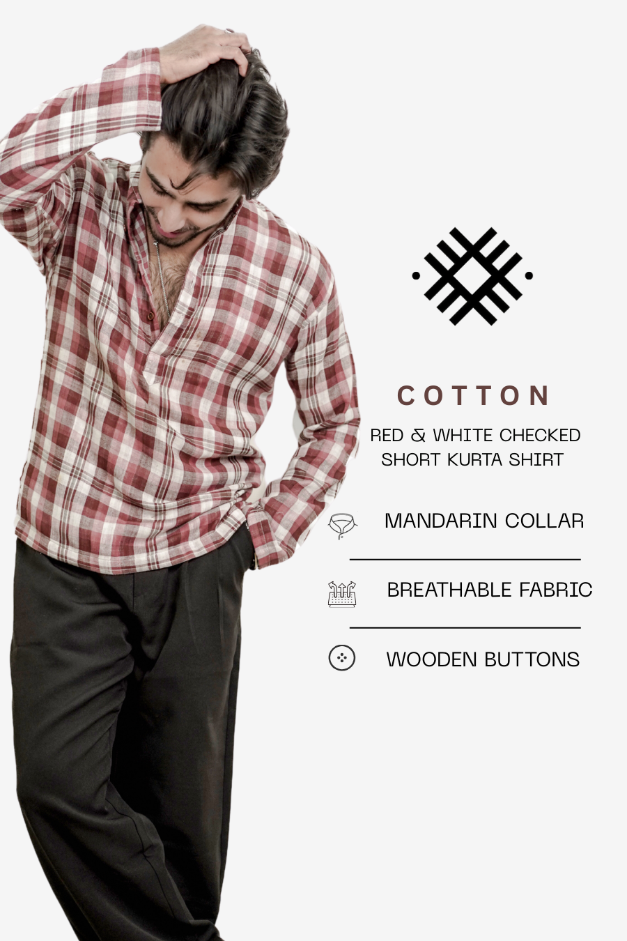 Men’s Red & White Checked Short Kurta Shirt