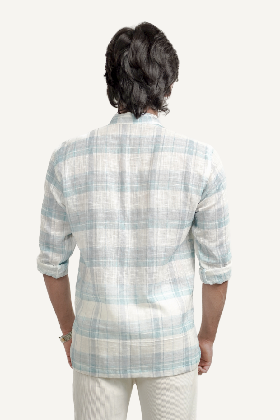 Light Blue Checked Linen Short Kurta Shirt