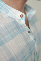 Light Blue Checked Linen Short Kurta Shirt