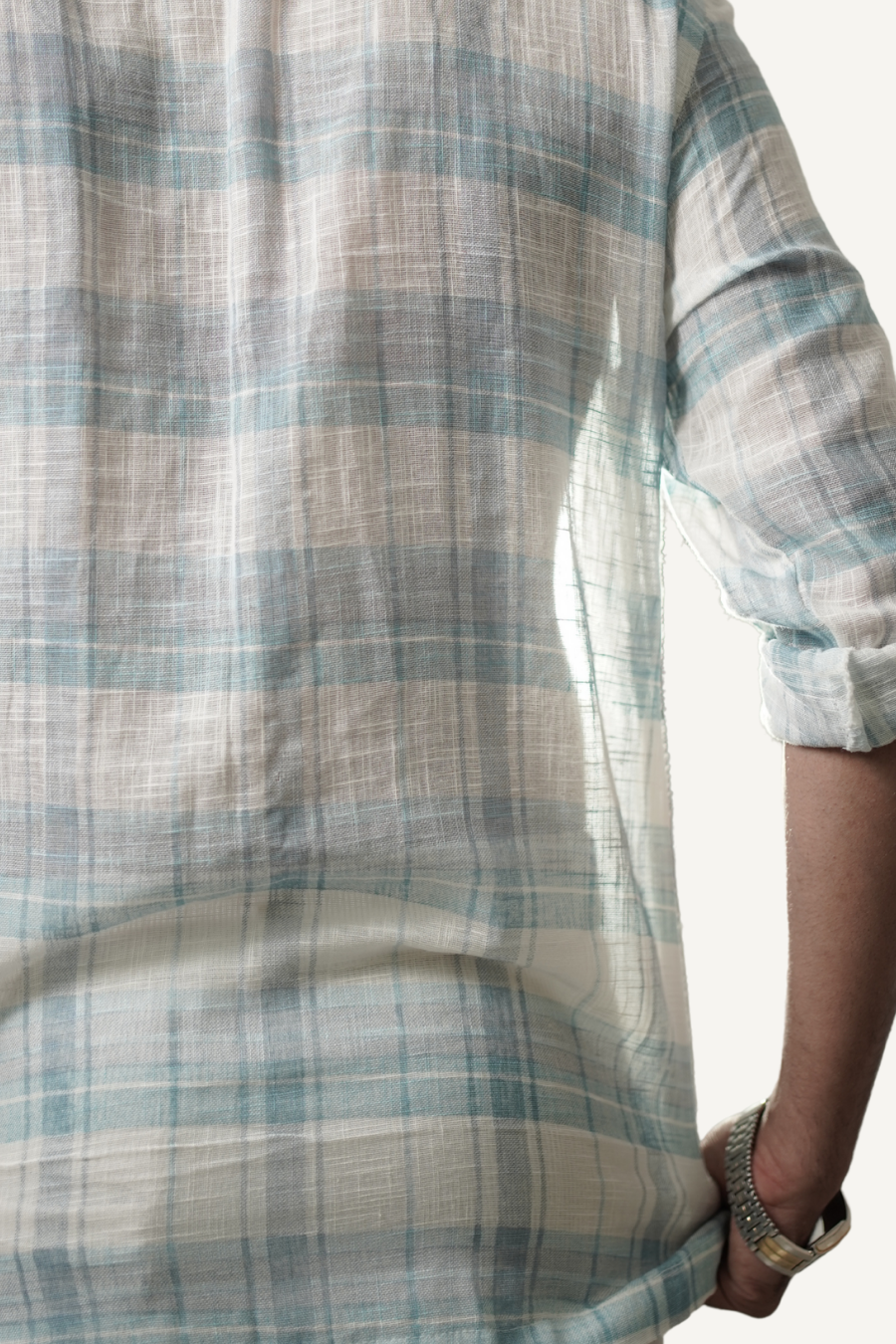 Light Blue Checked Linen Short Kurta Shirt