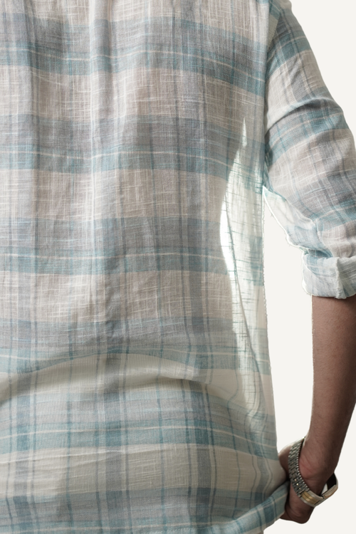 Light Blue Checked Linen Short Kurta Shirt