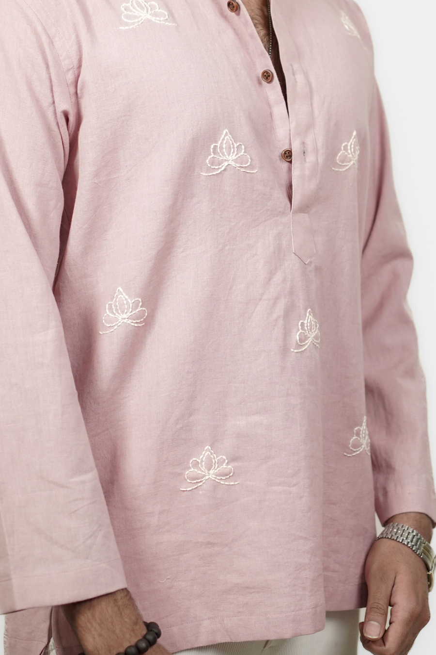 Men’s Pink Lotus Embroidered Short Kurta Shirt
