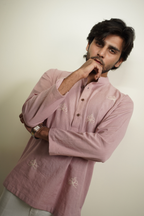 Men’s Pink Lotus Embroidered Short Kurta Shirt