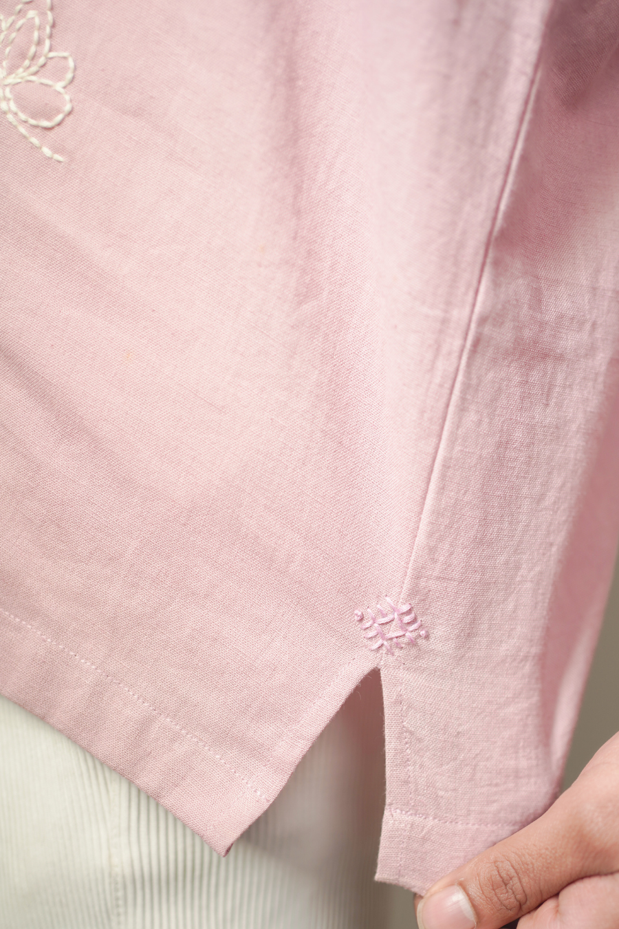 Men’s Pink Lotus Embroidered Short Kurta Shirt