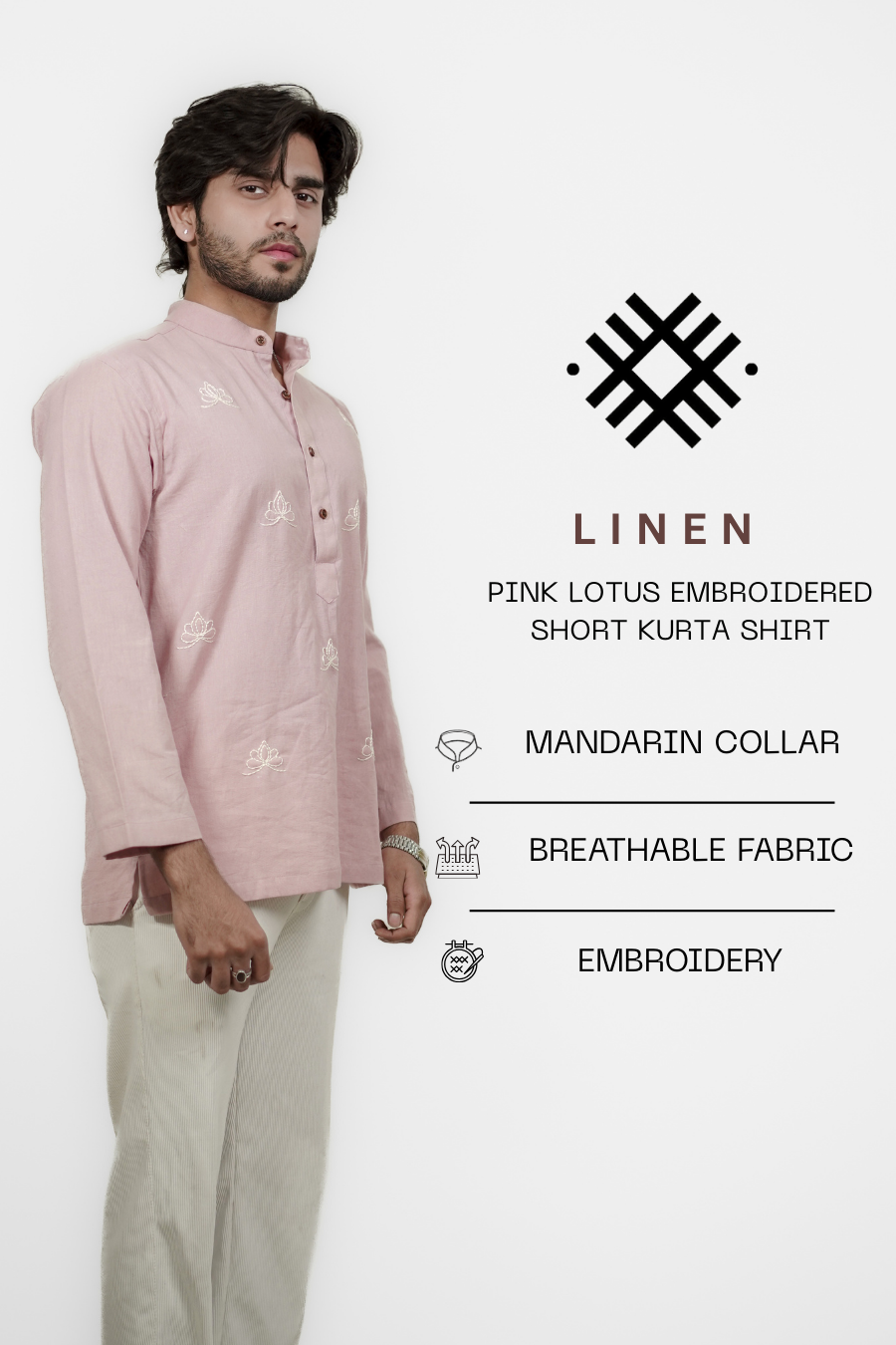 Men’s Pink Lotus Embroidered Short Kurta Shirt