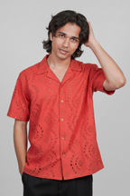 Men’s Red Hakoba Cotton Eyelet Resort Shirt