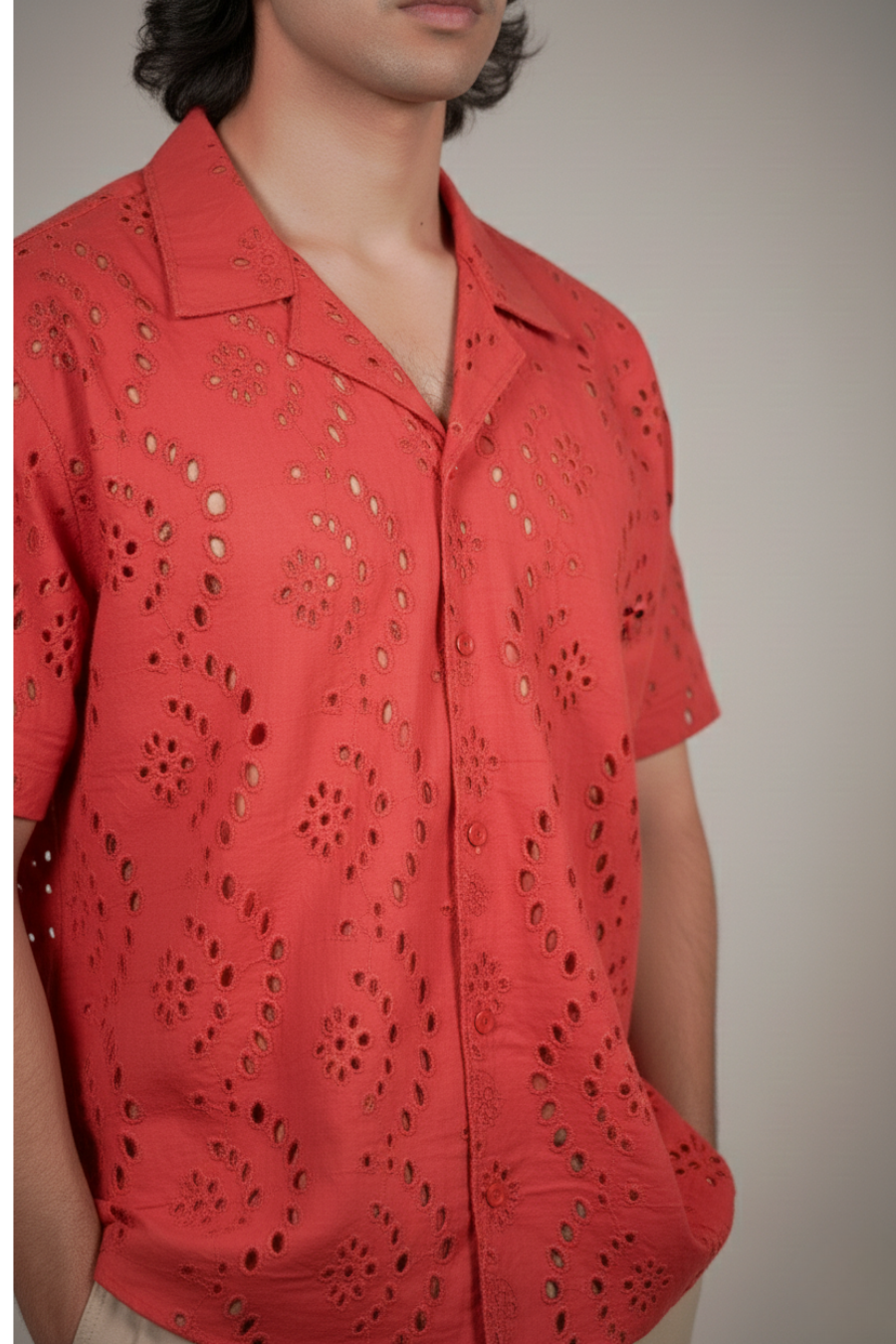 Men’s Red Hakoba Cotton Eyelet Resort Shirt