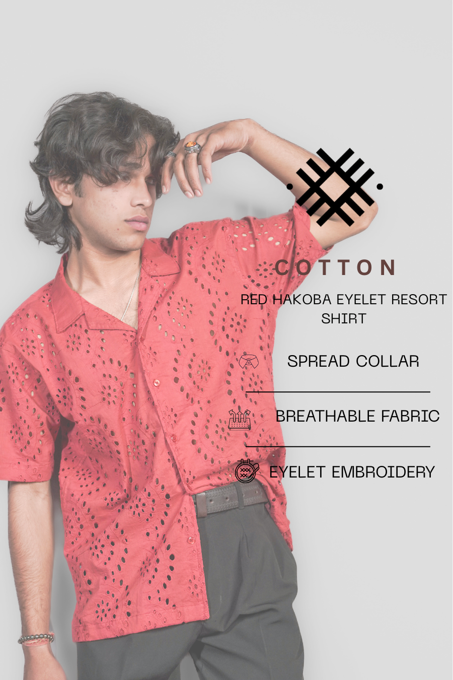 Men’s Red Hakoba Cotton Eyelet Resort Shirt