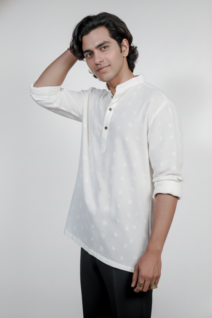 Men’s White Embroidered Short Kurta Shirt
