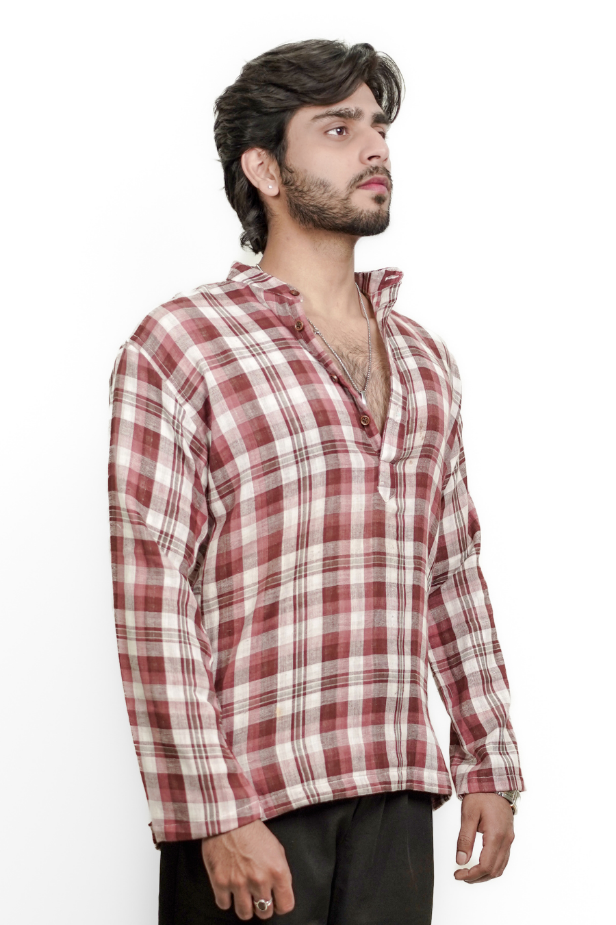 Men’s Red & White Checked Short Kurta Shirt