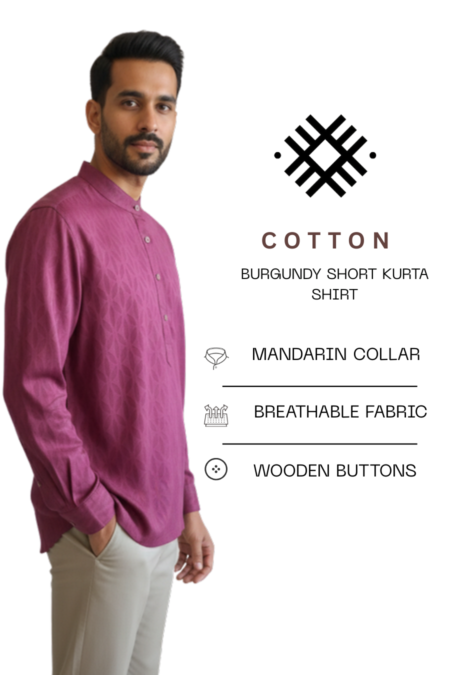 Men’s Burgundy Cotton Short Kurta Shirt
