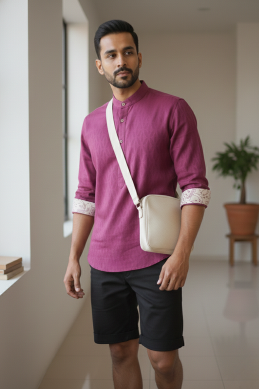 Men’s Burgundy Cotton Short Kurta Shirt