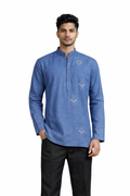 Men’s Blue Embroidered Linen Short Kurta Shirt