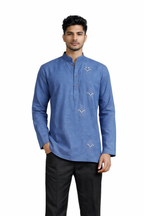 Men’s Blue Embroidered Linen Short Kurta Shirt