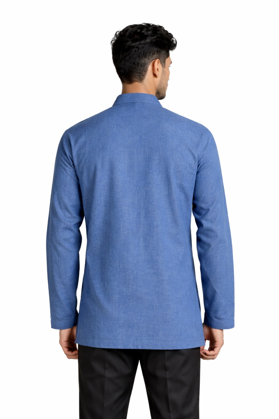 Men’s Blue Embroidered Linen Short Kurta Shirt