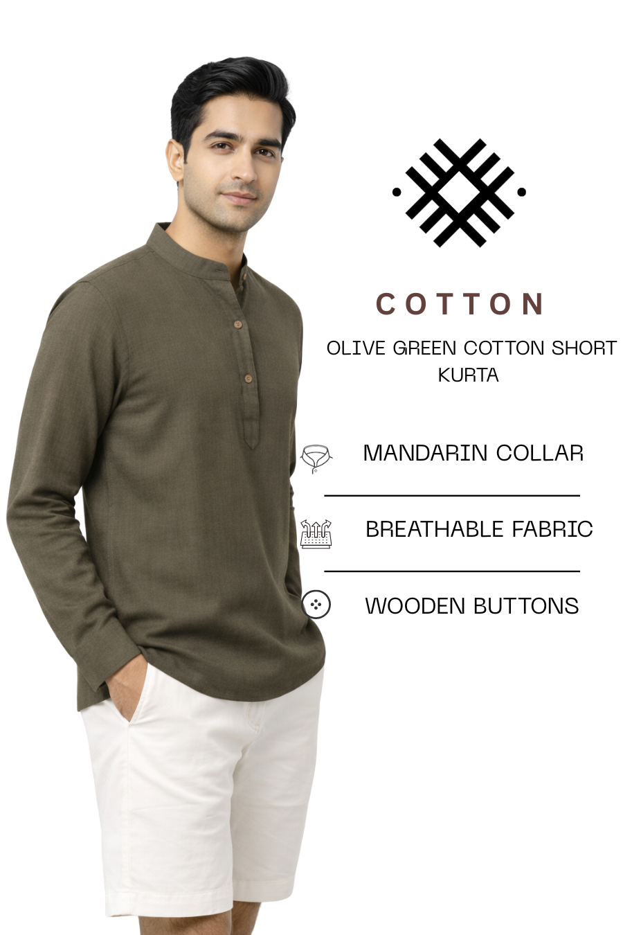 Men’s Olive Green Cotton Short Kurta Shirt