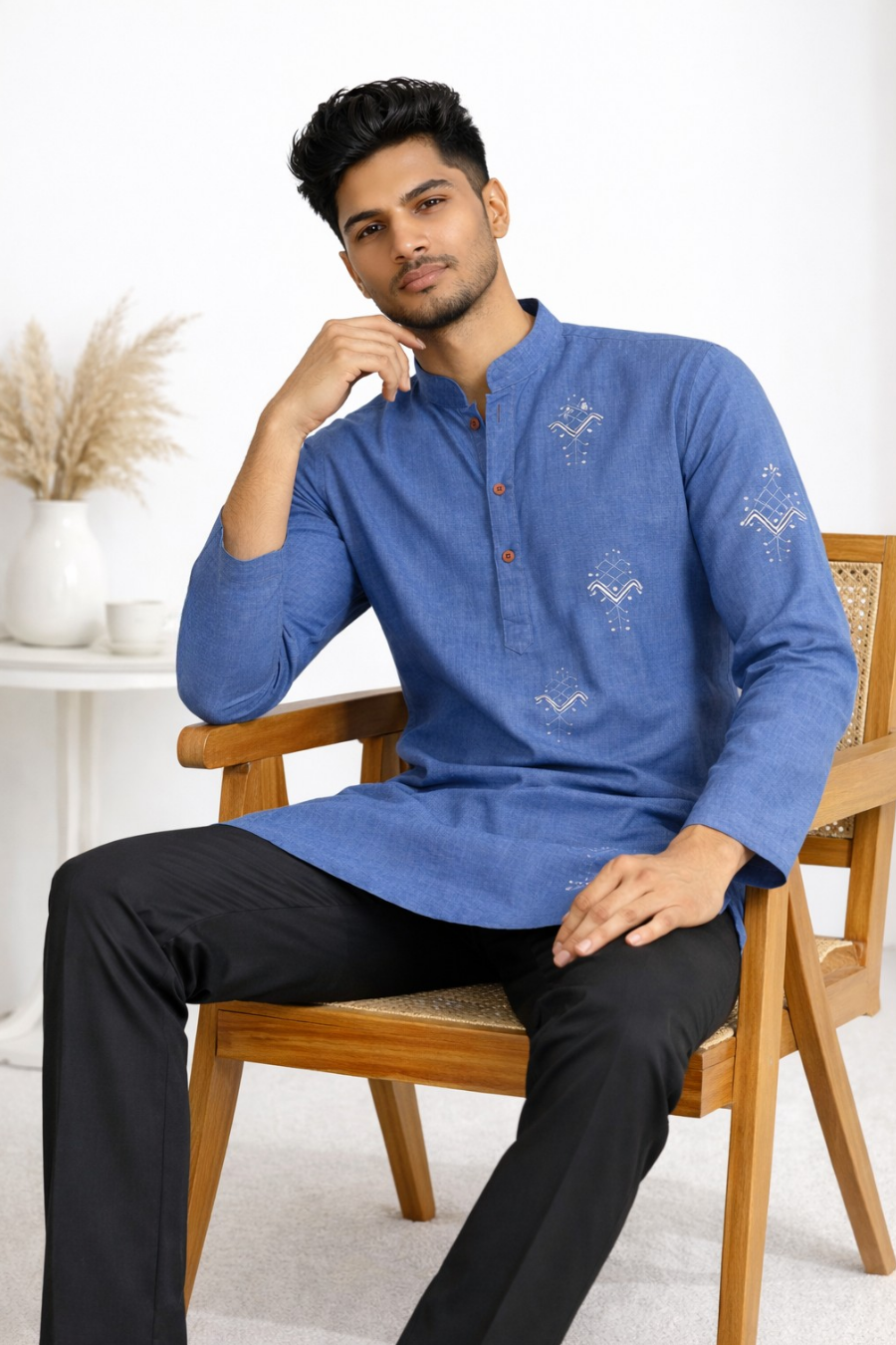 Men’s Blue Embroidered Linen Short Kurta Shirt