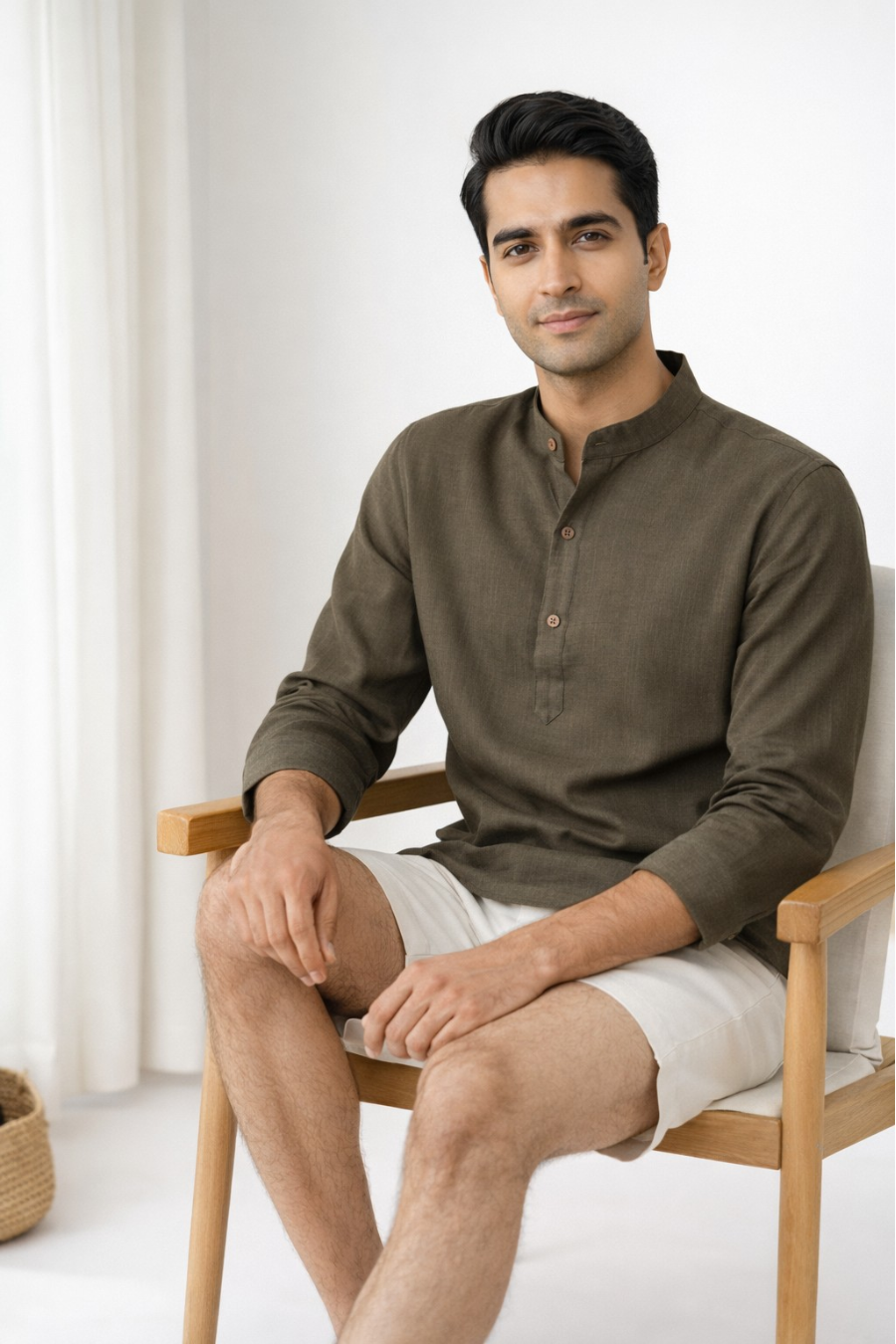 Men’s Olive Green Cotton Short Kurta Shirt