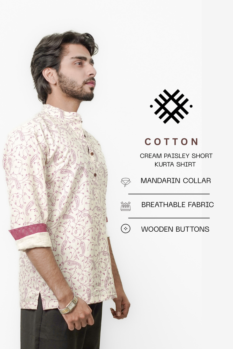 Men’s Cream Paisley Print Short Kurta Shirt