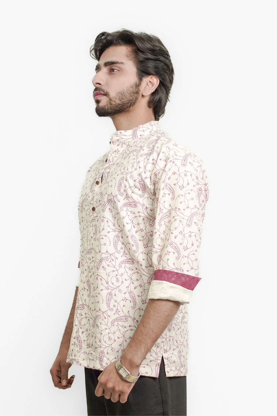 Men’s Cream Paisley Print Short Kurta Shirt
