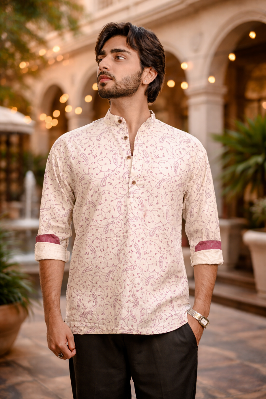 Men’s Cream Paisley Print Short Kurta Shirt