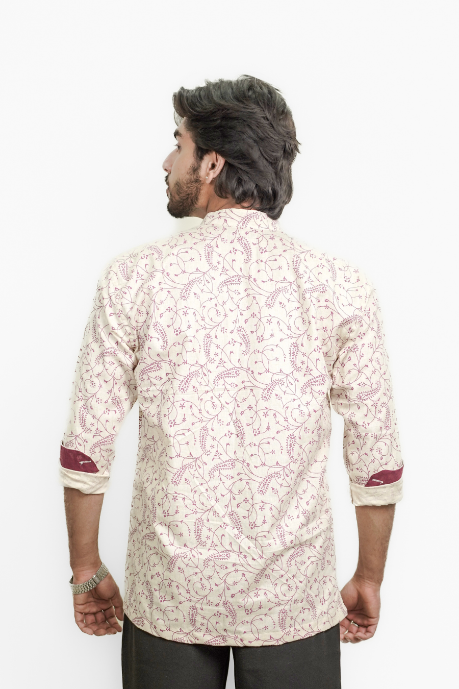 Men’s Cream Paisley Print Short Kurta Shirt