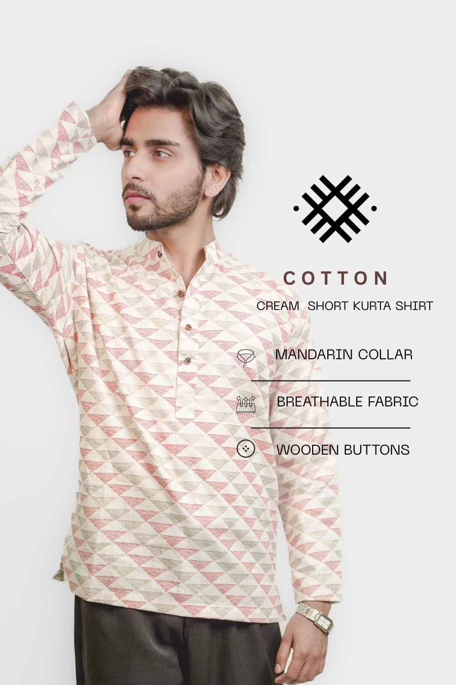 Men’s Cream Cotton Short Kurta Shirt