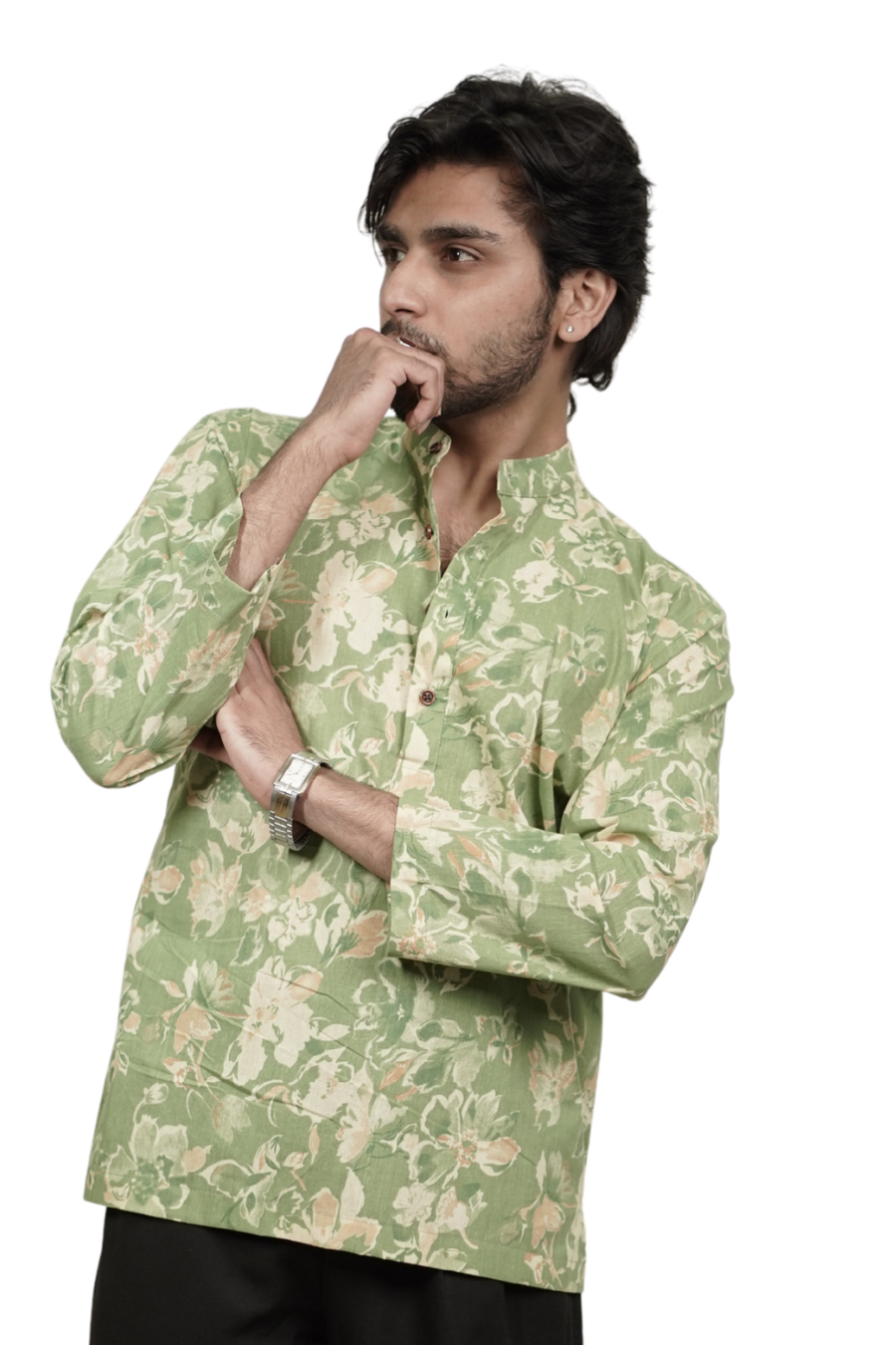 Men’s Moss Green Floral Printed Short Kurta Shirt