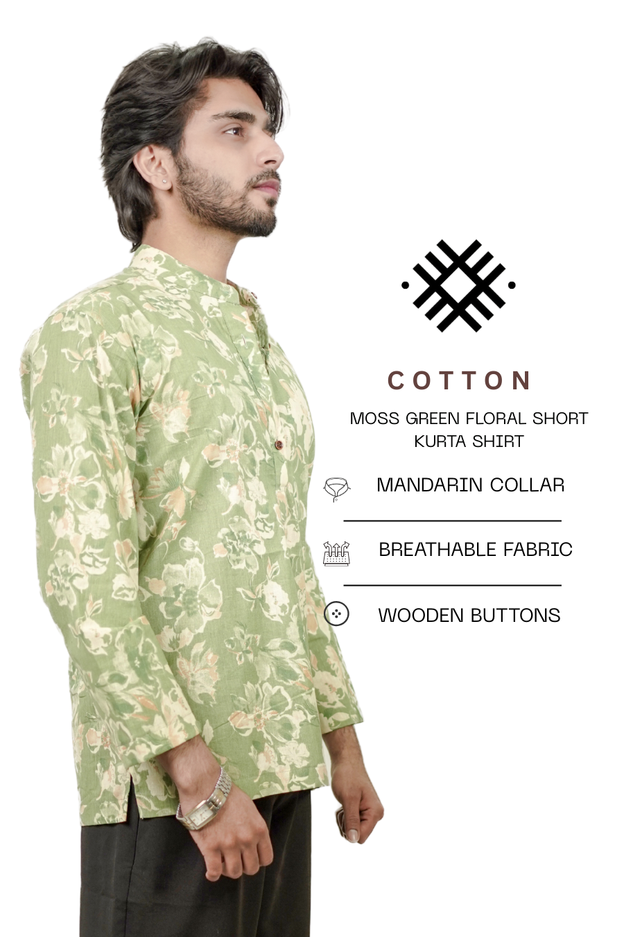 Men’s Moss Green Floral Printed Short Kurta Shirt