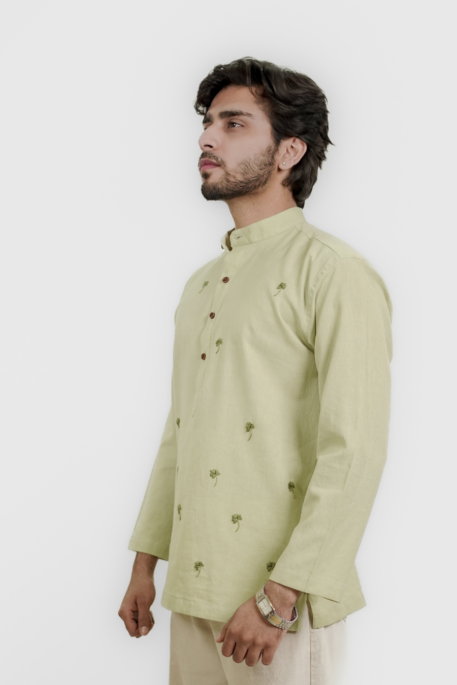 Men’s Green Charm Embroidered Linen Short Kurta Shirt