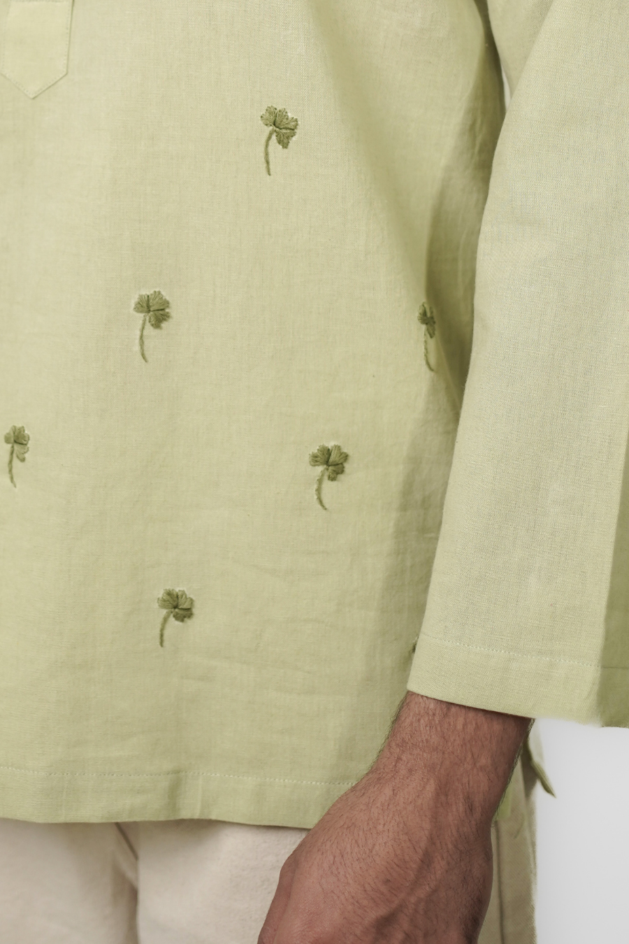 Men’s Green Charm Embroidered Linen Short Kurta Shirt