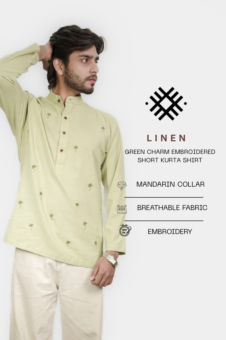 Men’s Green Charm Embroidered Linen Short Kurta Shirt