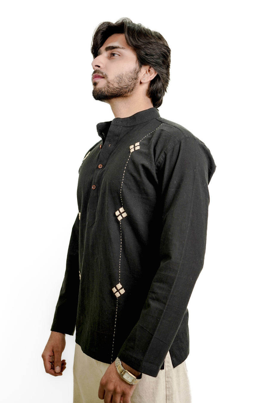 Men’s Black Statement Embroidered Linen Short Kurta Shirt
