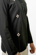 Men’s Black Statement Embroidered Linen Short Kurta Shirt