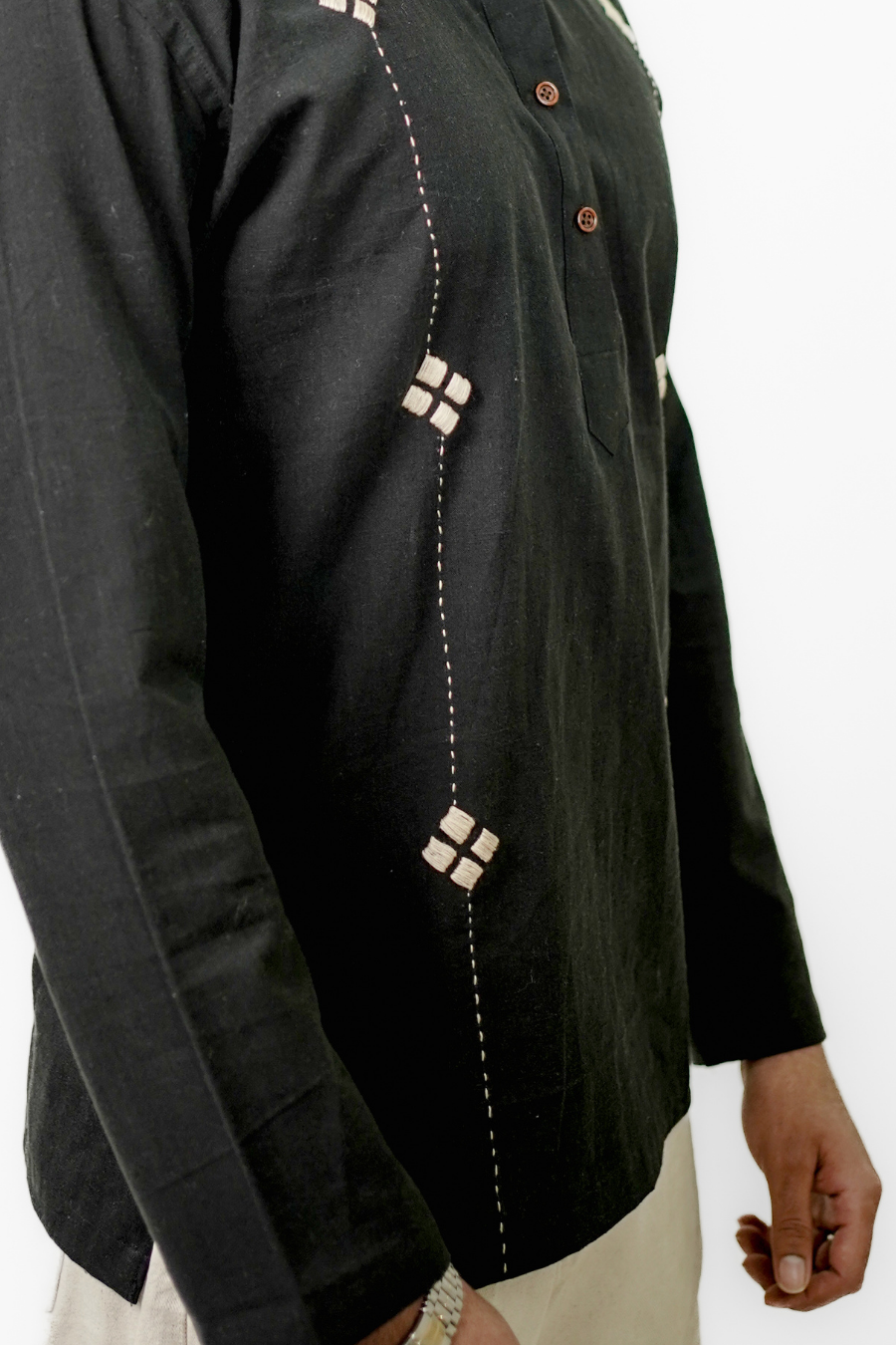 Men’s Black Statement Embroidered Linen Short Kurta Shirt