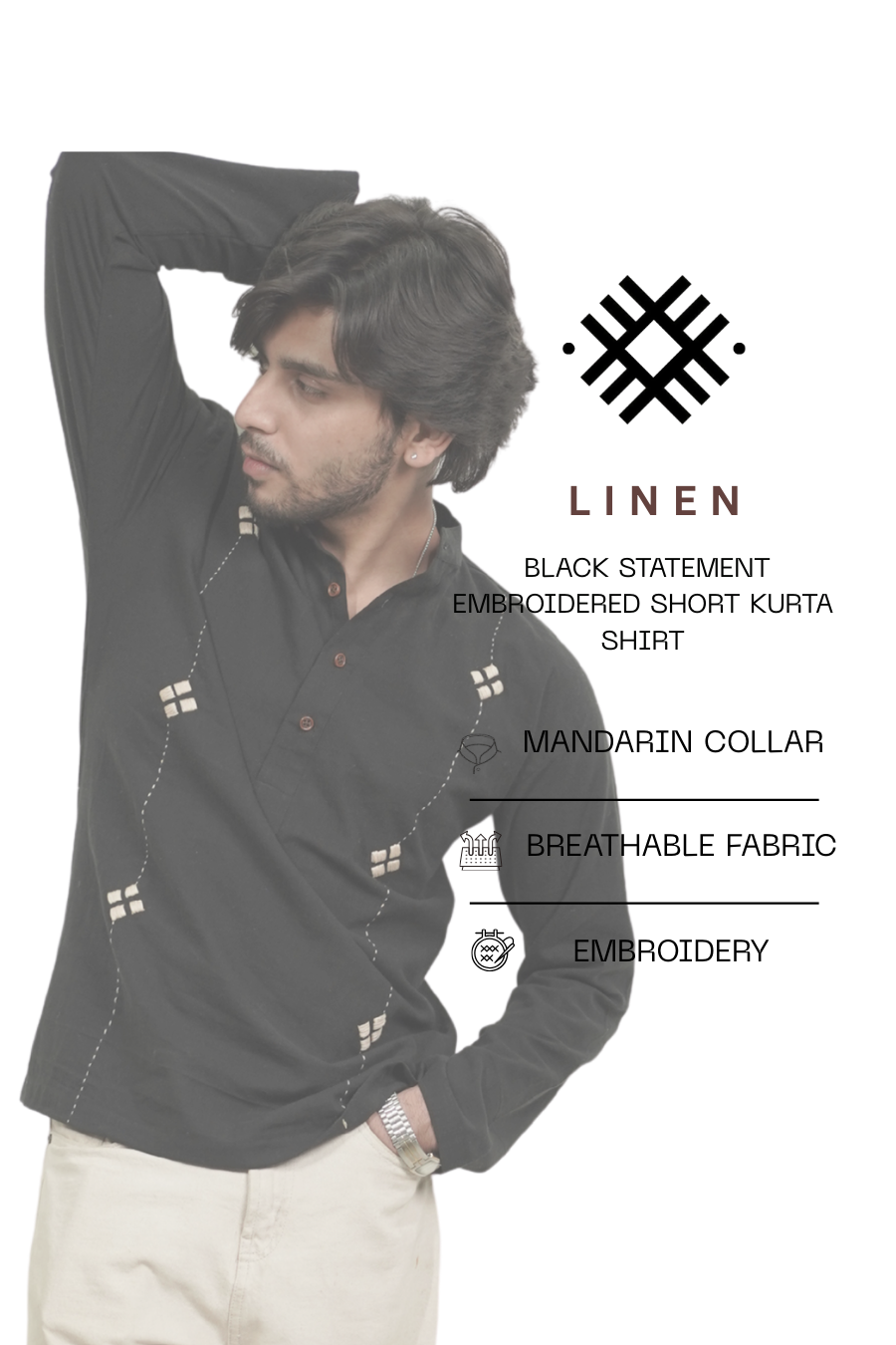 Men’s Black Statement Embroidered Linen Short Kurta Shirt