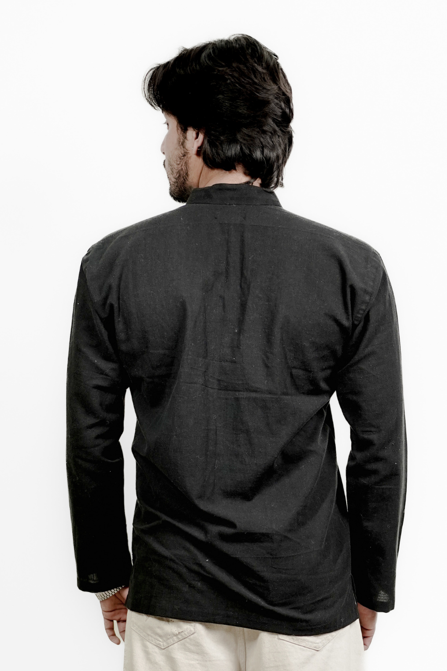 Men’s Black Statement Embroidered Linen Short Kurta Shirt