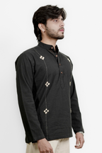 Men’s Black Statement Embroidered Linen Short Kurta Shirt