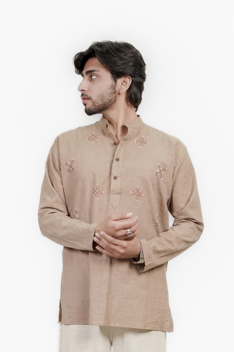 Men’s Earthy Brown Embroidered Linen Short Kurta Shirt