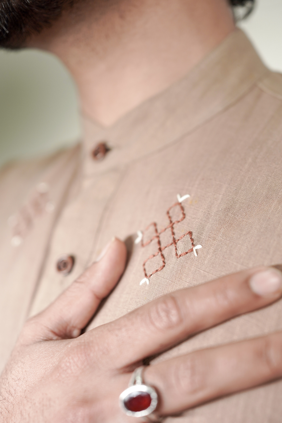 Men’s Earthy Brown Embroidered Linen Short Kurta Shirt