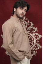 Men’s Earthy Brown Embroidered Linen Short Kurta Shirt