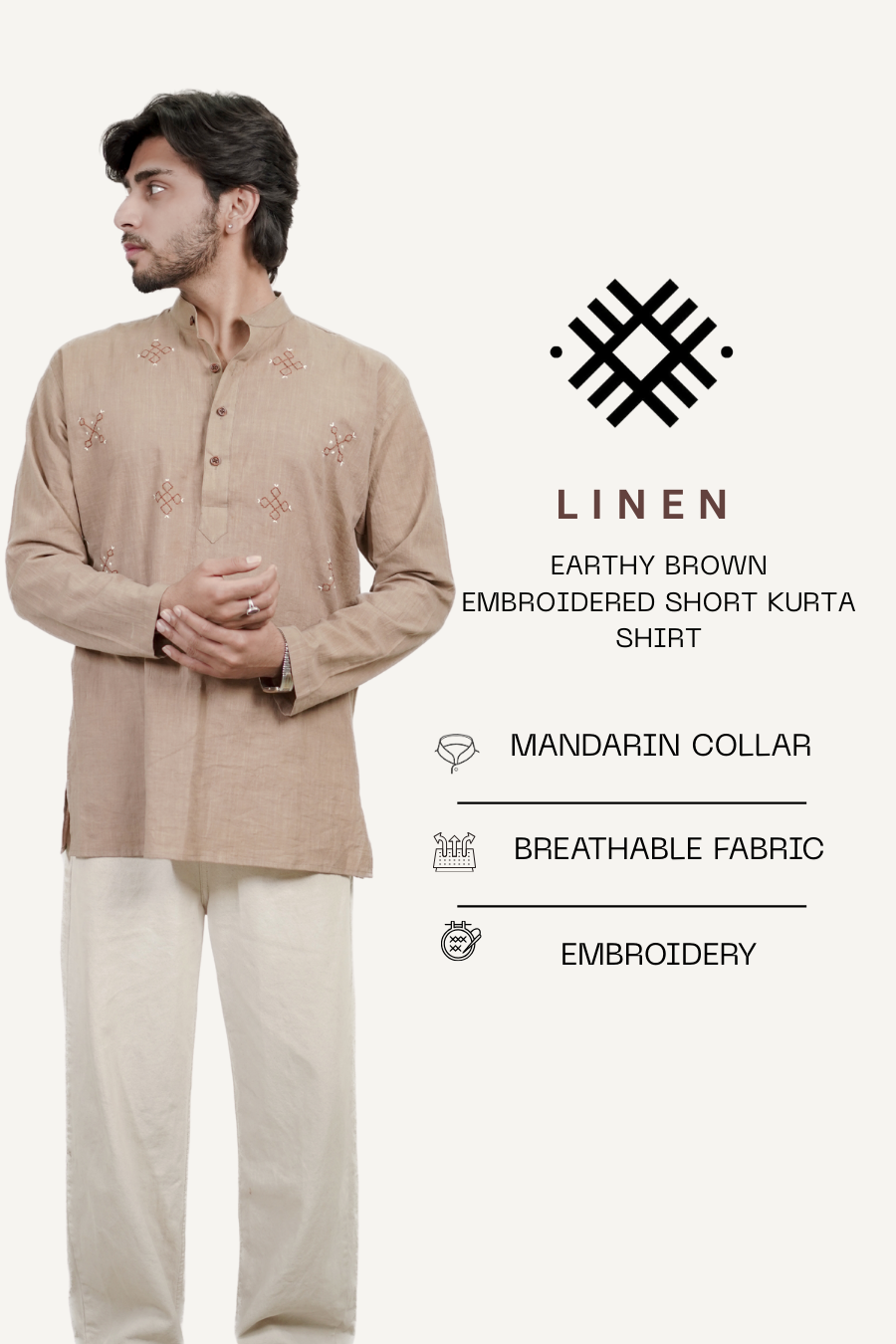 Men’s Earthy Brown Embroidered Linen Short Kurta Shirt