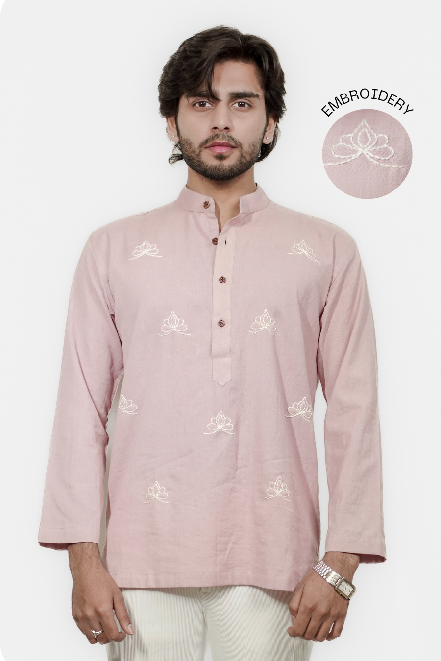 Men’s Pink Lotus Embroidered Short Kurta Shirt