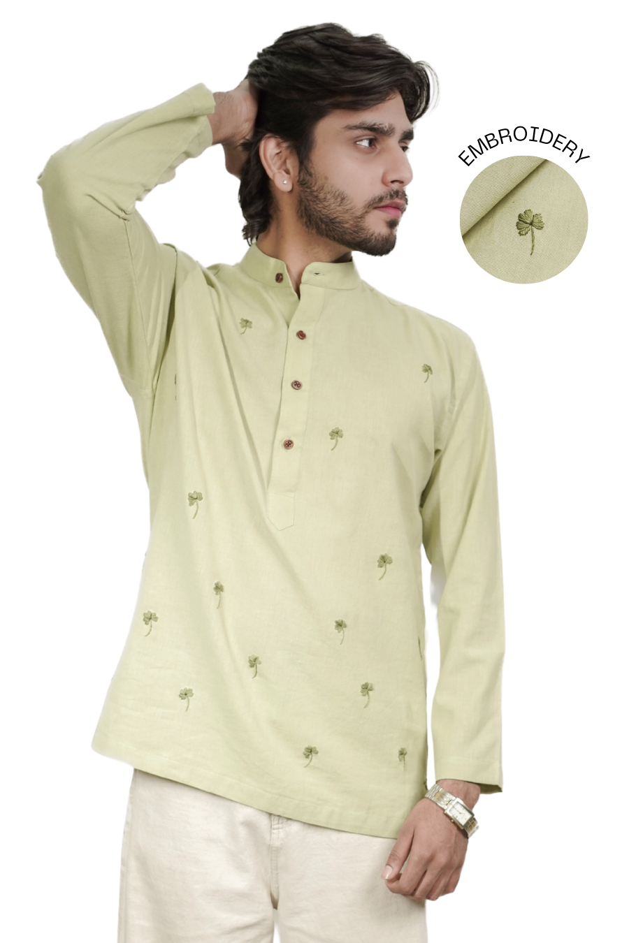 Men’s Green Charm Embroidered Linen Short Kurta Shirt