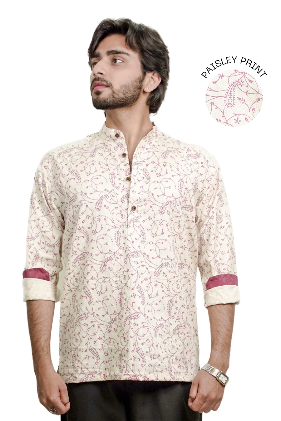 Men’s Cream Paisley Print Short Kurta Shirt