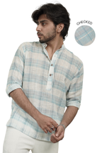 Light Blue Checked Linen Short Kurta Shirt